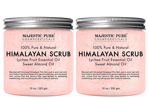 Majestic Pure Himalayan Salt Body Scrub with Lychee Essential Oil, All Natural Scrub to Exfoliate & Moisturize Skin, Set of 2-20 oz