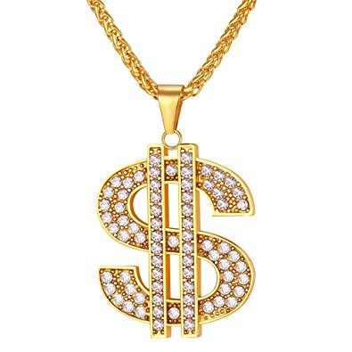 U7 Men's Stainless Steel Dollar Sign Pendant Necklace, Rhinestone Inlay with 22 Inch Chain