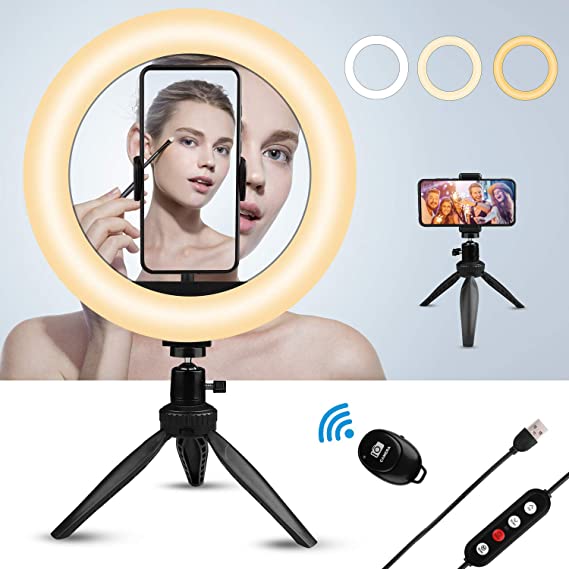 etship Ring Light, 10.2'' Desk Beauty Light with Tripod & Phone Holder, 3 Color & 10 Level LED Circle Light, Bluetooth Remote Selfie Light for iPhone Android, Halo Light Kit for Makeup/YouTube/TikTok