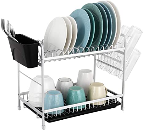 Dish Drying Rack, 2 Tier Dishes Drainer Aluminum Utensil Holder with Water Cup Hook, Removable Drain Board for Kitchen Countertop