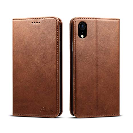 Leather Wallet Case Compatible with Apple iPhone XR 6.1 inches,TACOO Durable Kickstand Brown Shell Slim Fit Card Money Slot Fold Protective Men Women Cover for iPhone XR 2018