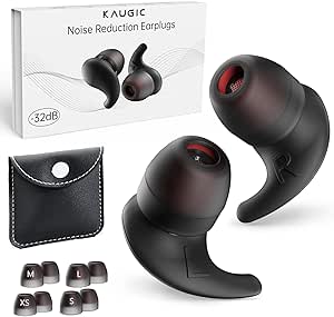 KAUGIC Ear Plugs for Sleeping Noise Cancelling, Reusable Silicone Earplugs for Sleep, Concerts, Travel, Focus, 4 Pairs Ear Tips in XS/S/M/L, Black