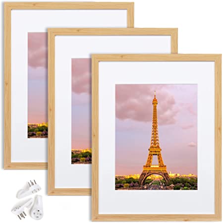 upsimples 11x14 Picture Frame Set of 3,Made of High Definition Glass for 8x10 with Mat or 11x14 Without Mat,Wall Mounting Photo Frame Oak