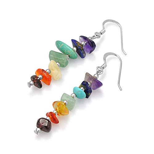 925 Sterling Silver Seven (7) Chakra Gemstones Long Dangle Hook Earrings