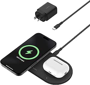 Belkin BoostCharge Pro 2-in-1 Magnetic Wireless Charging Pad with Qi2 15W, Fast Charging iPhone Charger Compatible with iPhone 15 Series, AirPods, and Other Qi2-Enabled Devices - Black