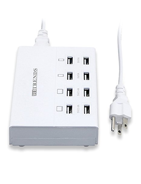 HITRENDS 8-Port Charging Station 50W/10A Multi-Port USB Charger Desktop Hub Portable Travel Charger for iPhone 6s / 6 Plus, 5 / 5s, iPad Air 2 / Mini 3, Galaxy S6 / S7 Edge (6ft Cord, White)