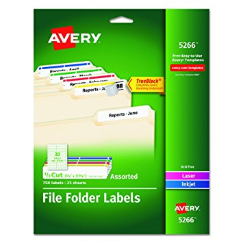 Avery File Folder Labels in Assorted Colors for Laser and Inkjet Printers with TrueBlock Technology, 0.67 x 3.43 Inches, Pack of 750  (5266)(Packaging May Vary)