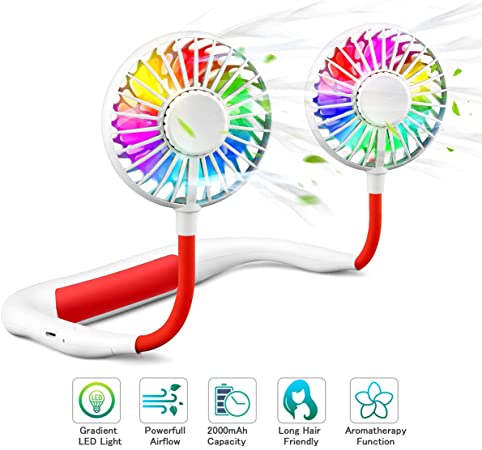 Personal fan, Anyfun Hands Free Neck Fan USB Portable Fan Rechargeable with Colorful LED Flashing,2000mAh Battery,360° Rotation,Lower Noise but Strong Airflow for Sport Travel Fishing Camping (White)
