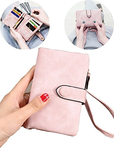 RIFD Blocking Leather Wallet Card Holder Cute Coin Pocket Change Cash Organized Large Space Zipper Ladies Travel Purse with Removable Wrist Strap for Women Girls Valentine's Day Gift