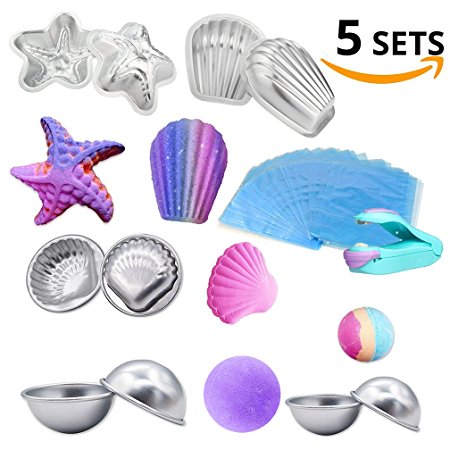 LAWOHO DIY Metal Bath Bomb Mold 5 Set 10 Pieces with 100 Pieces Shrink Wrap Bags and 1 Pieces Mini Heat Sealer for Crafting your own Fizzles