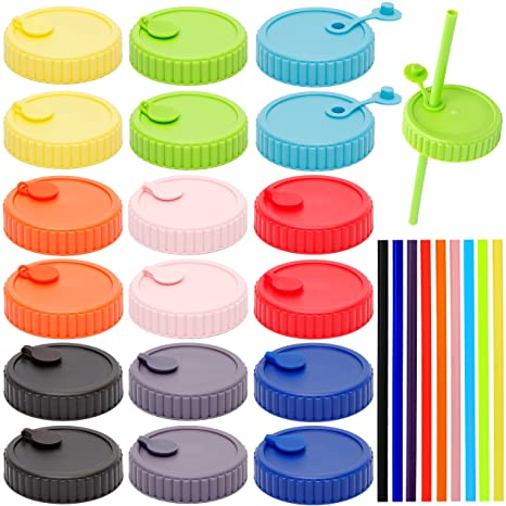 Youngever 18 Pack Plastic Mason Jar Lids with 9 Pack Straws, Food Grade Plastic Storage Caps for Mason, Canning Jars