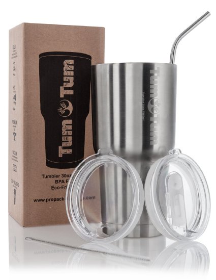 TumTum 30 oz Tumbler - Stainless Steel Double Wall Vacuum Insulated Travel Cup - BPA Free - No Sweat Thermos - Includes 2 Lids Stainless Steel Straw And Cleaning Brush - Bonus Healthy Smoothie eBook