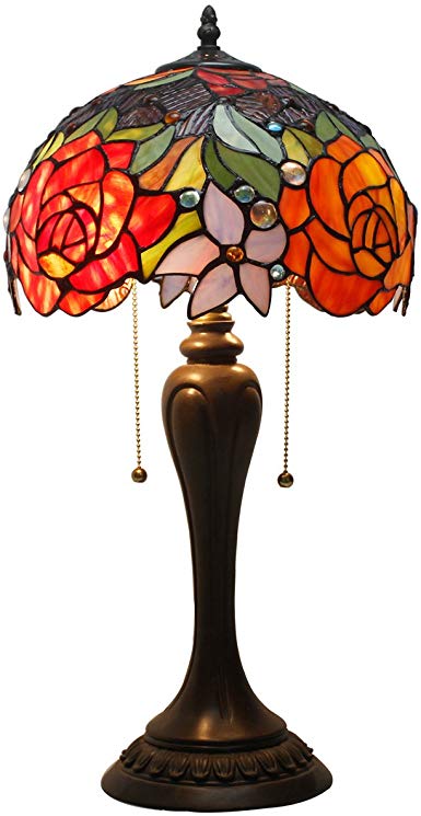 Tiffany Lamps Antique Style Stained Glass Table Lamps 22 inch Tall 12 Inch Wide Red Rose Lamp Shade 2 Light for Girlfriend Living Room Kids Bedroom Bedside Dresser Coffee Table S001 WERFACTORY