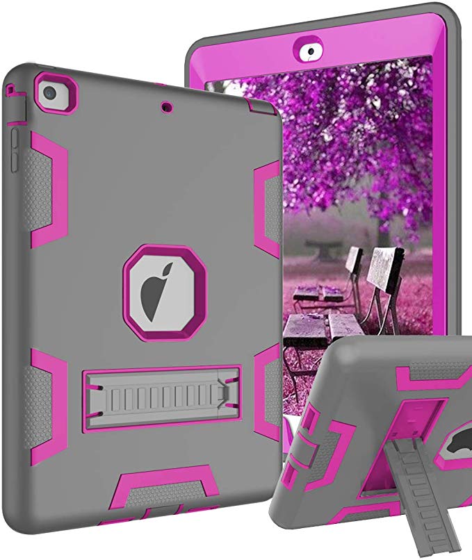 TOPSKY iPad Air Case, iPad A1474/A1475/A1476 Kids Proof Case, Heavy Duty Shockproof Rugged Armor Defender Kickstand Protective Cover Case for iPad Air Grey Pink