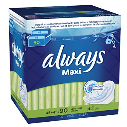 Always Maxi Long Super Pads With Wings, 90 Count