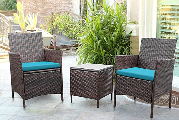 Greesum 3 Pieces Outdoor Patio Furniture Sets, PE Rattan Wicker Chair Conversation Sets with Soft Cushion and Glass Coffee Table for Garden Backyard Porch Poolside, Brown and Blue