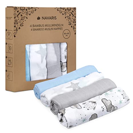 Navaris Muslin Cloths for Baby (Pack of 4) - 31.5" x 31.5" Squares for Burping, Blanket, Crib - Soft Bamboo and Cotton - Gray/White/Blue Designs