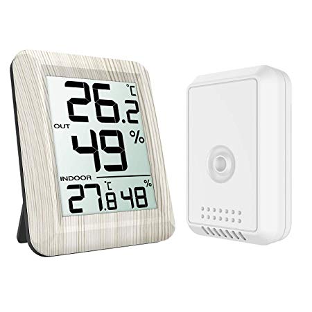 KeeKit Indoor Outdoor Thermometer, Temperature Humidity Monitor with Wireless Sensor, Digital Hygrometer Gauge with LCD Screen, ℃/℉ Switch for Home, Office, Bedroom, Baby Room, Kitchen - Wooden White