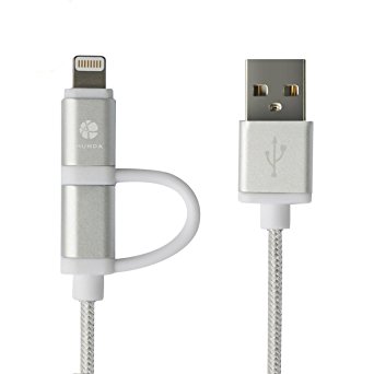 [Apple MFI Certified] HUNDA 2 in 1 Lightning to USB Cable 3.3ft/1m 8 Pin 2.4A Tangle-Free Aluminium Metal Connector Head and Nylon Braided Cable for iPhone 6S/6S Plus/6/6 Plus/5s/5c/5, iPad Air/Air2/ mini/mini2/mini3, iPad 4th gen, iPod touch 5th/6th gen, and iPod nano 7th gen, Android, Samsung, HTC, Nokia, Sony and More (Silver)