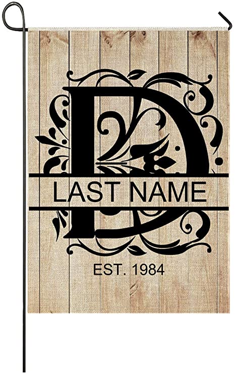Faromily Personalized D Split Monogram Garden Flag Wood Background Vertical Double Sided Custom Last Name Burlap Garden Yard Banner Lawn Outdoor Decoration 12.5 x 18 Inch