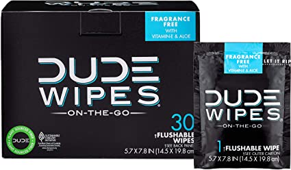 DUDE Wipes Flushable Wipes, Individually Wrapped for Travel, Unscented Wet Wipes with Vitamin-E and Aloe, Septic and Sewer Safe, 30 Count