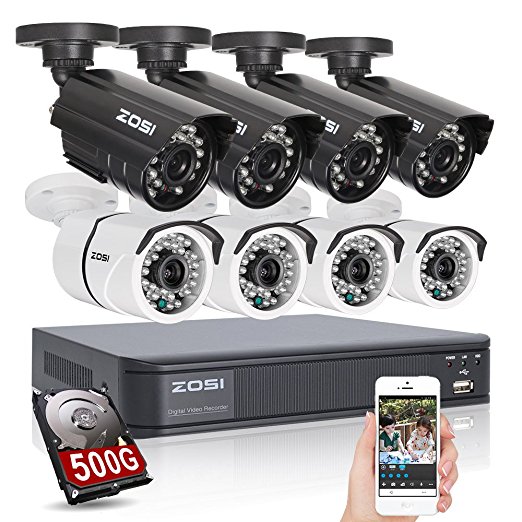 ZOSI 8CH 960H CCTV Surveillance DVR,4PCS 1000TVL and 4PCS 800TVL Weatherproof Bullet Cameras with Long Night Vision ( 500GB hard drive)