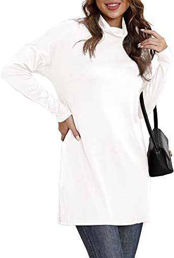 AWULIFFAN Womens Turtleneck Batwing Long Sleeve Hem Split Loose Casual Tops Tunic Blouse