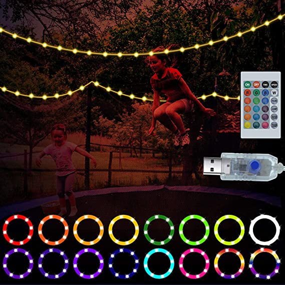 46 Ft LED Trampoline Lights 16 Colors Change Remote Control Trampoline Rim Waterproof LED Lights USB Powered with Remote Control Christmas Decoration for Play at Night Outdoor Party