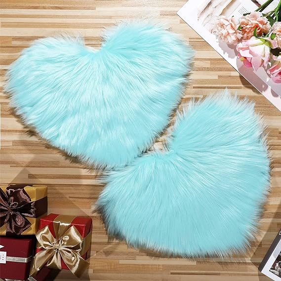 2 Pieces Fluffy Heart Shaped Rug Faux Area Rug Bushy Room Carpet for Home Living Room Sofa Floor Bedroom, 12 x 16 Inch (Light Blue)