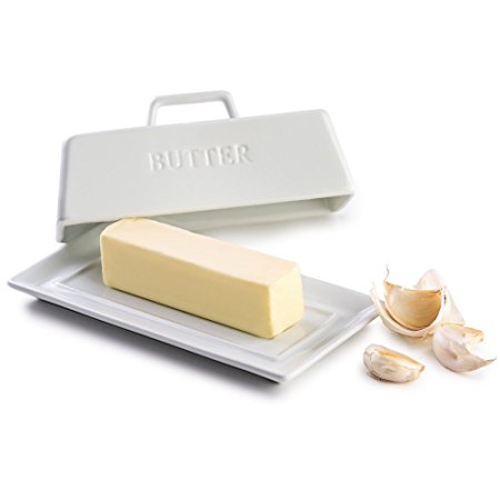 KooK Ceramic Butter Dish with Handle Cover Design, 7.25 Inch Wide, White