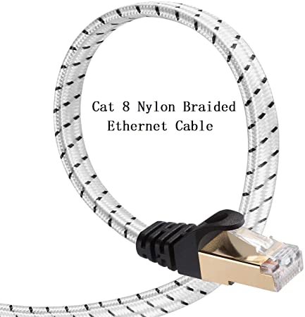 Cat 8 Ethernet Cable, DanYee 10FT Nylon Braided Flat Network Cable High Speed Cat8 Patch LAN Cable (White 10FT)