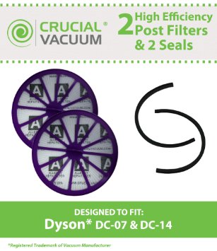 2 Dyson DC07, DC14, DC15 Post-Motor HEPA Filters   Seals, Replaces Dyson Vacuum Part # 901420-02, Designed & Engineered by Crucial Vacuum