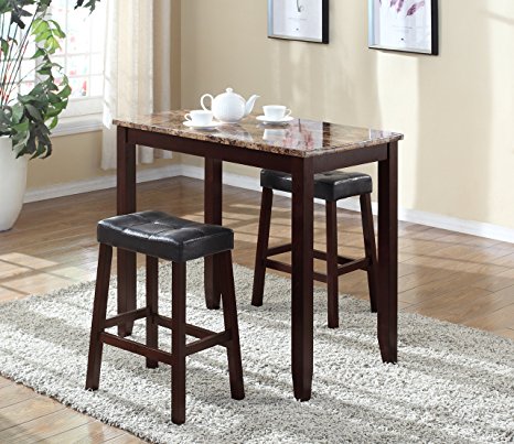 Roundhill Furniture 3-Piece Counter Height Glossy Print Marble Breakfast Table with Stools