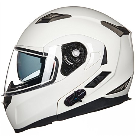 ILM Bluetooth Integrated Modular Flip up Full Face Motorcycle Helmet Sun Shield Mp3 Intercom (L, WHITE)