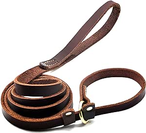 Wellbro Real Leather Slip Lead Dog Leash, Soft Adjustable Pet Slip Leads with Slider, Heavy Duty Flat Dog Training Leash for Medium and Large Dogs, 6ft Long by 0.7 Inch Wide, Brown