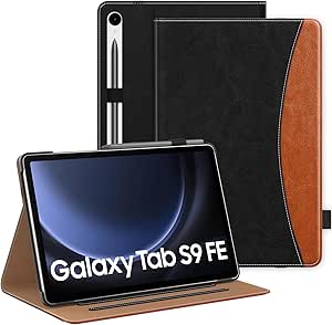 MoKo Case for Samsung Galaxy Tab S9 FE 5G 10.9-Inch 2023, Multi-Angle Stand Case Cover for Galaxy Tab S9 FE(SM-X510/SM-X516/SM-X518) with S Pen Holder, Auto Wake/Sleep, Front Pocket, Black with Brown