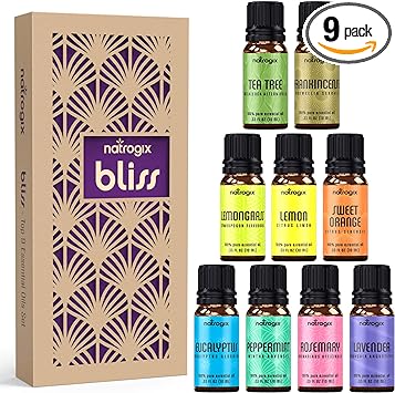 Essential Oils Set, Natrogix Fragrance Oil 100% Pure Essential Oils for Humidifiers, Diffuser, Aromatherapy, Massage, Candle and Soap Making, 9x10ML(0.37fl.oz), Made in USA