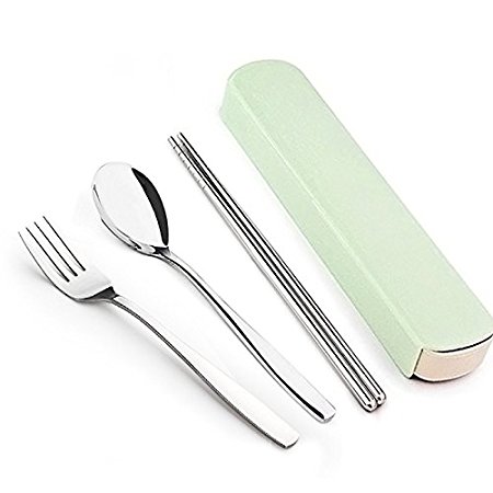 K-Steel 3PCS Portable Flatware Spoon Fork Chopsticks Tableware Set 304 Stainless Steel Dinnerware Silver with Travel Box - Green
