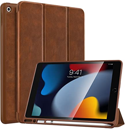 MoKo iPad 10.2 Case iPad 9th Generation 2021 / 8th Generation 2020 / 7th Generation 2019 Case with Pencil Holder, Soft TPU Smart Stand Back Cover Case for iPad 10.2 inch, Auto Wake/Sleep,Brown