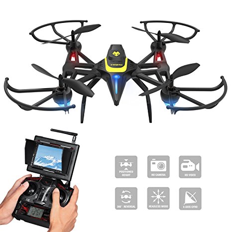 Drone with Camera & Screen, Tomzon New Generation F185DH FPV RC Quadcopter with Altitude Hold Function, Headless Mode, 2MP HD Camera and 5.8Ghz FPV LCD Screen Monitor - Black