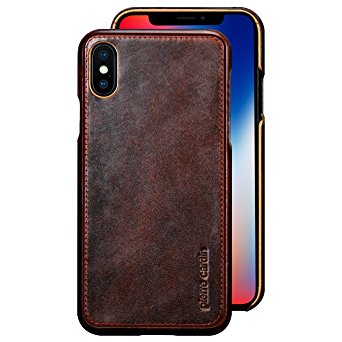 iPhone X Case , Pierre Cardin Premium Genuine Cow Leather with New Slim Design Hard Case Cover Fit for Apple iPhone X (Dark Brown)