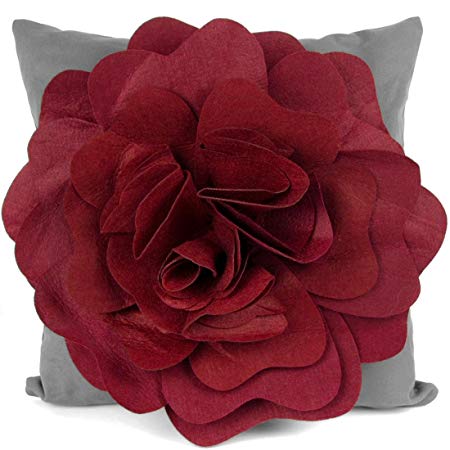 kilofly Home Decorative Throw Pillow Cover, 18" x 18", 3D Floral Red, Dark Grey