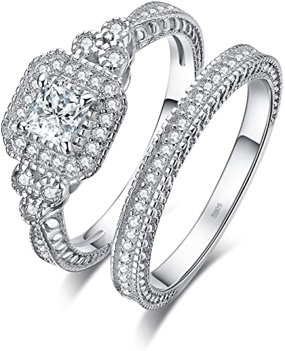 JewelryPalace Wedding Bands Engagement Rings for Women, 14K Gold Plated 925 Sterling Silver Cubic Zirconia Promise Rings, Vintage Thick Anniversary 2ct Princess Cut Halo Simulated Diamond Ring Sets