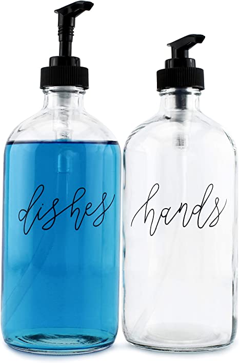 Cornucopia Glass Pump Soap Dispenser Bottles (Set of 2, 16oz); Clear Glass Pre-Labeled in Decorative Script with Hands and Dishes, BPA-Free Black Plastic Pump Tops