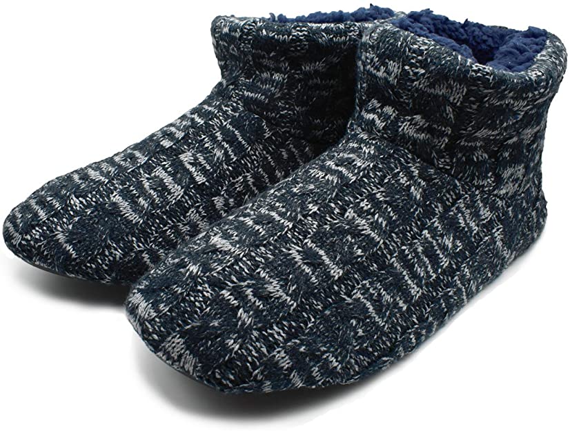 Knit Rock Wool Warm Men Indoor Pull on Cozy Memory Foam Slipper Boots Soft Rubber Sole