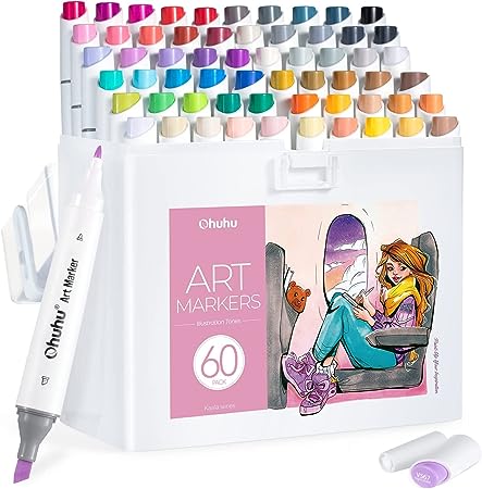 Ohuhu Markers: 60 Colors Kaala Slim Broad and Fine Double Tipped Alcohol Marker Set for Artists Adults Coloring Drawing Cartoon Anime Comic Characters - Professional Art Pens with Ink Refillable