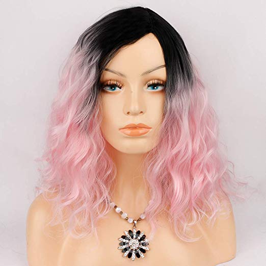 Colorful Bird Pink Ombre Wigs Synthetic Wavy Bob wigs 14 inches Medium Length Curly Wig Cosplay Halloween Party Wigs For Women