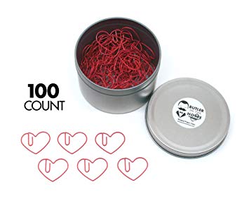Butler in the Home Love Heart Shaped Paper Clips Great For Paper Clip Collectors or Office Gift - Comes in Round Tin with Lid and Gift Box (100 Count Red)