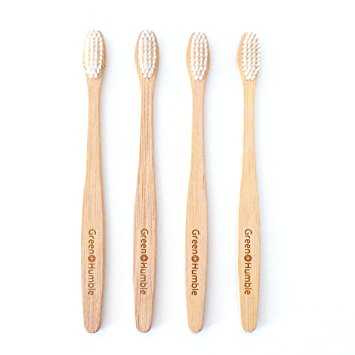 Green and Humble 4-Pack Bamboo Toothbrushes with Soft Nylon Bristles. Eco-friendly and Biodegradable with Minimalist Design.