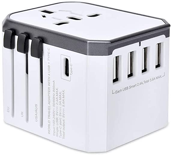 Universal Power Adapter, USB International Travel Adaptor All in One Worldwide Plug Fast Charger Outlet with 4 USB Ports AC Socket for US to AU UK Europe Over 224 Countries